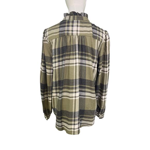 Ann Taylor Weekend Ruffle Collar Green Gray Plaid Soft Flannel Shirt Size M - Picture 5 of 8